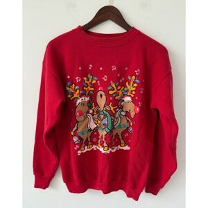 Vintage 90s Tultex MBC‎ Red Christmas Holiday Reindeer Crewneck Sweatshirt Large